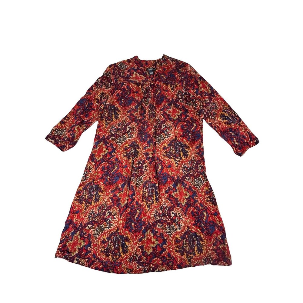 Lucky Brand standing collar paisley front tucks covered buttons knee dress Sz M